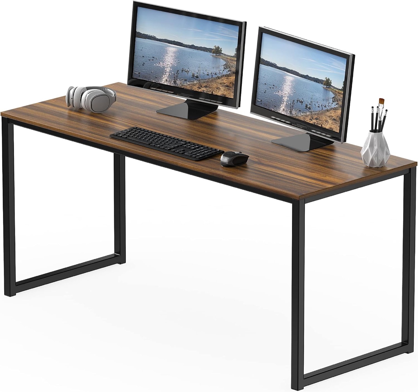 Walnut rectangular computer desk with a black open steel frame